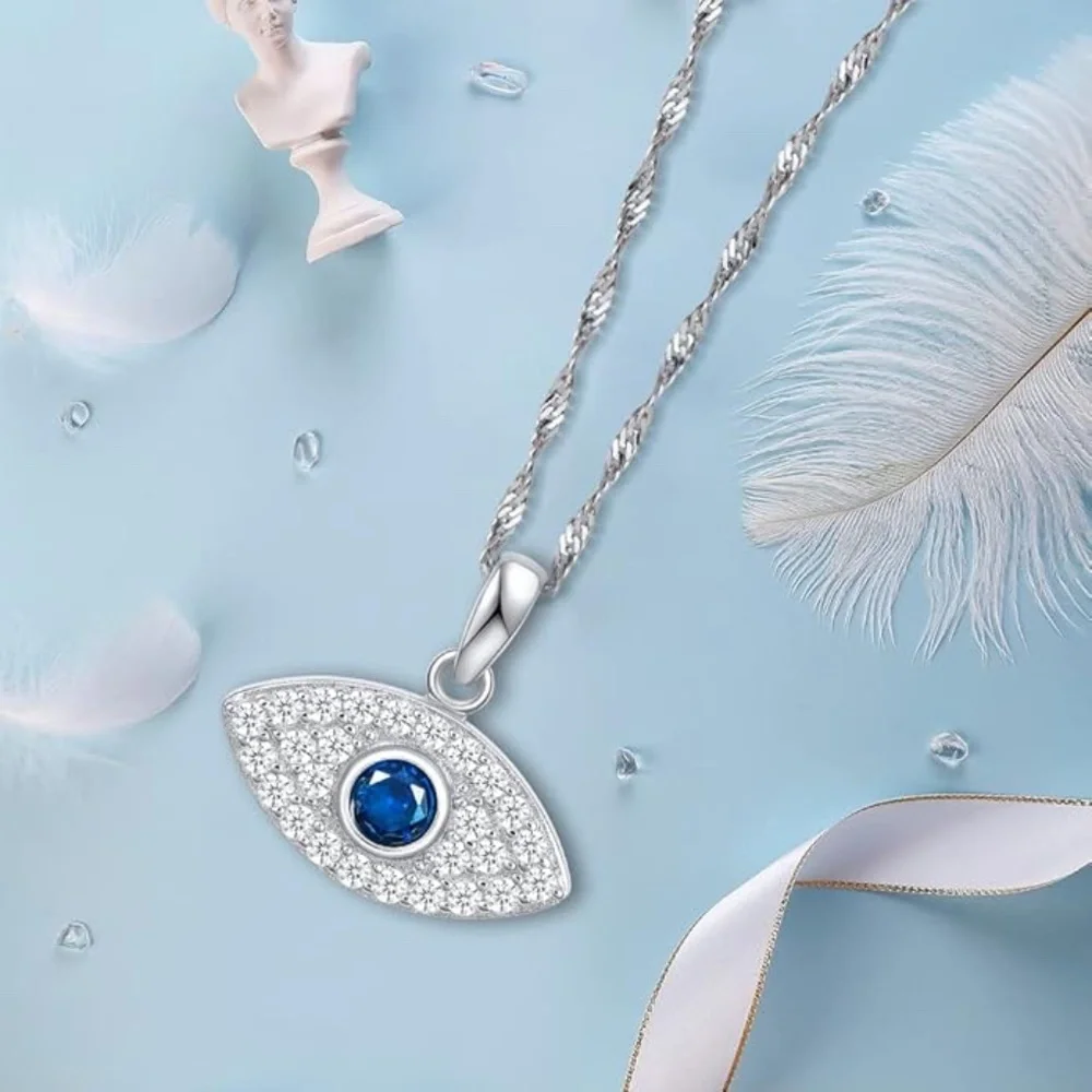 S925 Stering Silver Cross Necklace for Women Cubic Zirconia Evil Eye Pendant - Picture 2 of 3